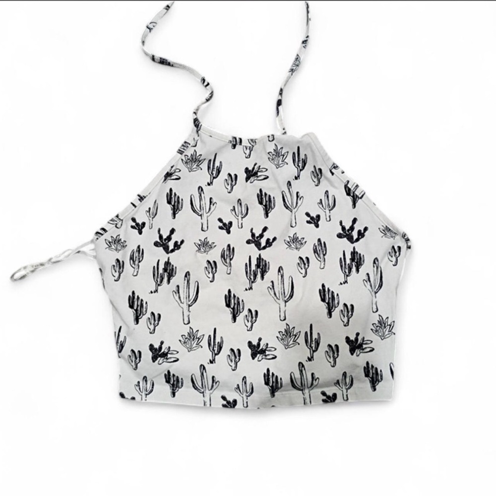 White Cactus Print Halter Crop Top